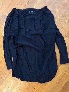 LOFT Navy Crochet Yoke Long Sleeve Top